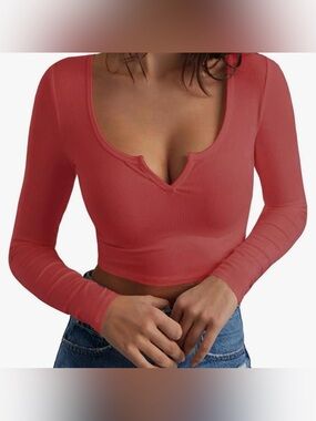 Red Ribbed Long Sleeve Crop Top